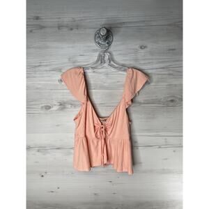 Love Tree Top Womens Large Peach Tie Front Peplum Flutter Sleeve Smocked Blouse